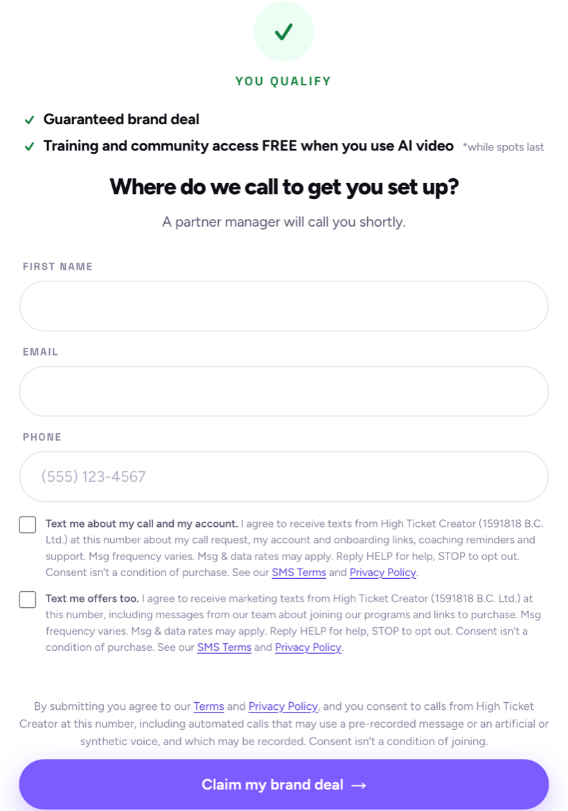 The sign-up form: name, email and phone fields, then two unticked optional boxes, 'Text me about my call and my account' and 'Text me offers too', each with its full disclosure, then the call consent and the submit button.